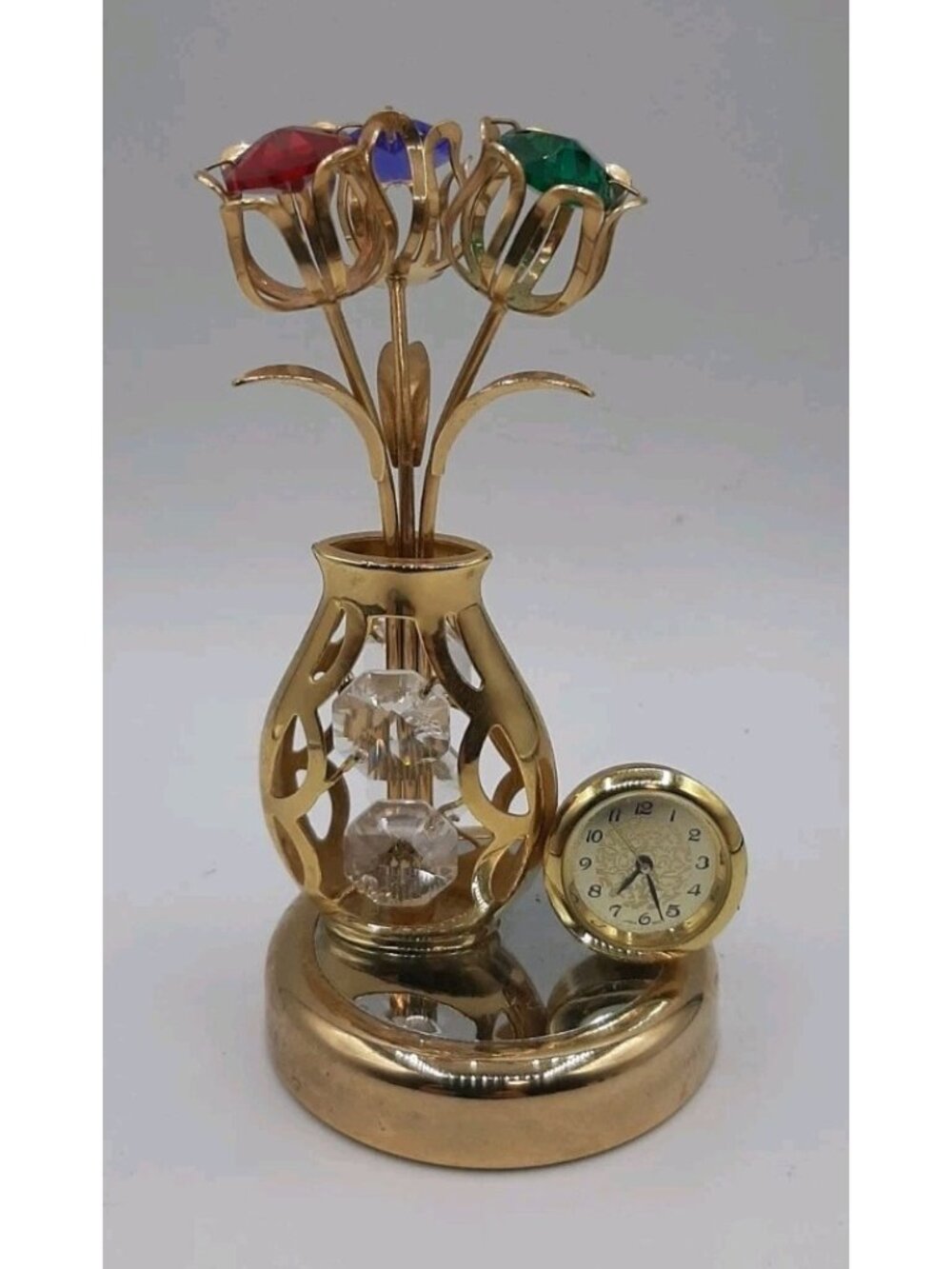 Vtg Crystocraft Mini Clock Classic Crystal Flowers in Vase Figurine Gold Tone